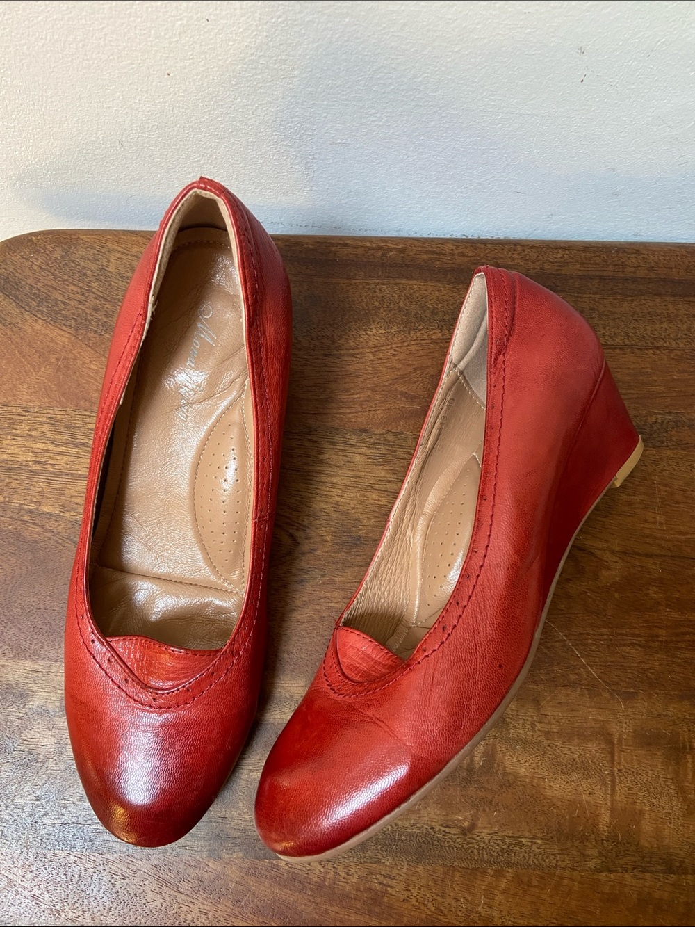 Mona Flying Date Red Leather Women's Closed Toe 2 Inch Mid Wedges
